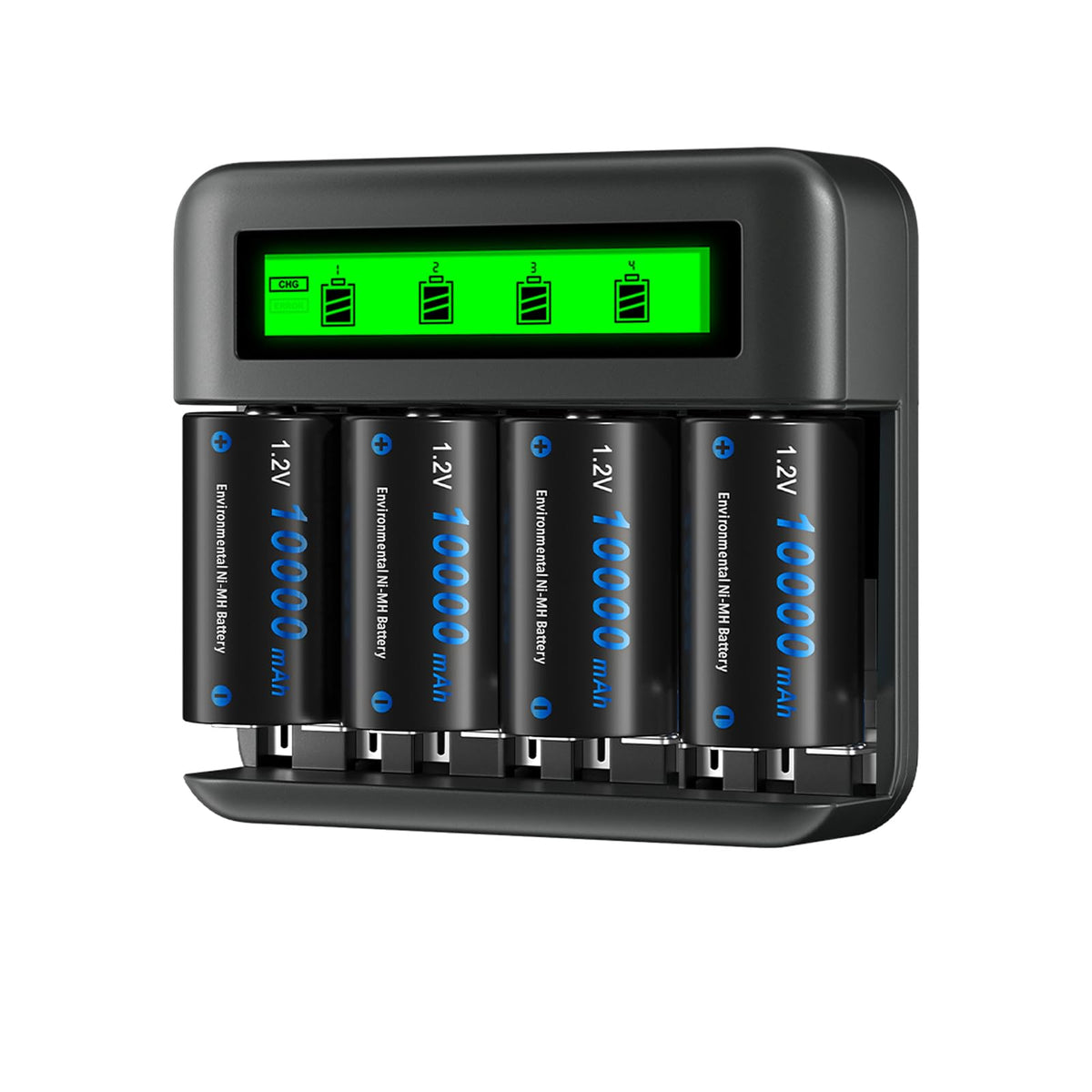 4 Pack 10000mAh Rechargeable D Batteries with 8 Bay LCD Charger J35047