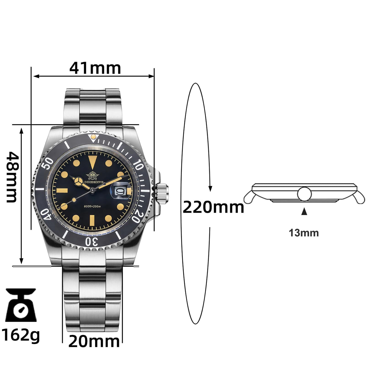 41MM Quartz Dive Watch Stainless Steel Bracelet Y575