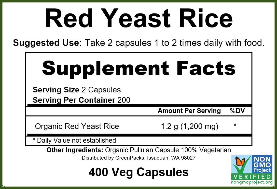 Organic Red Yeast Rice Supplement, 400 Capsules C7083