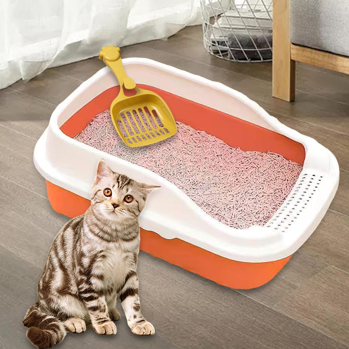 Orange Cat Litter Box with Sifting Spoon Q851
