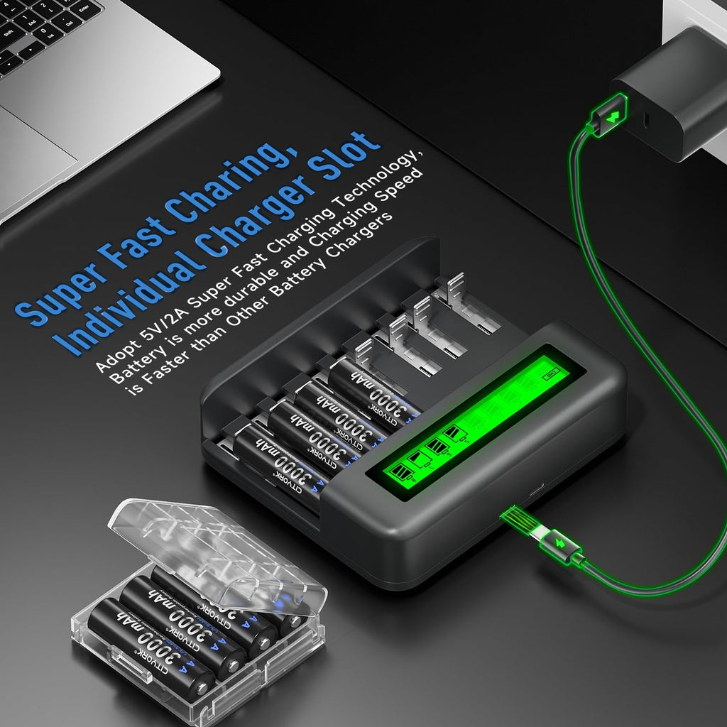 4 Pack 10000mAh Rechargeable D Batteries with 8 Bay LCD Charger J35047