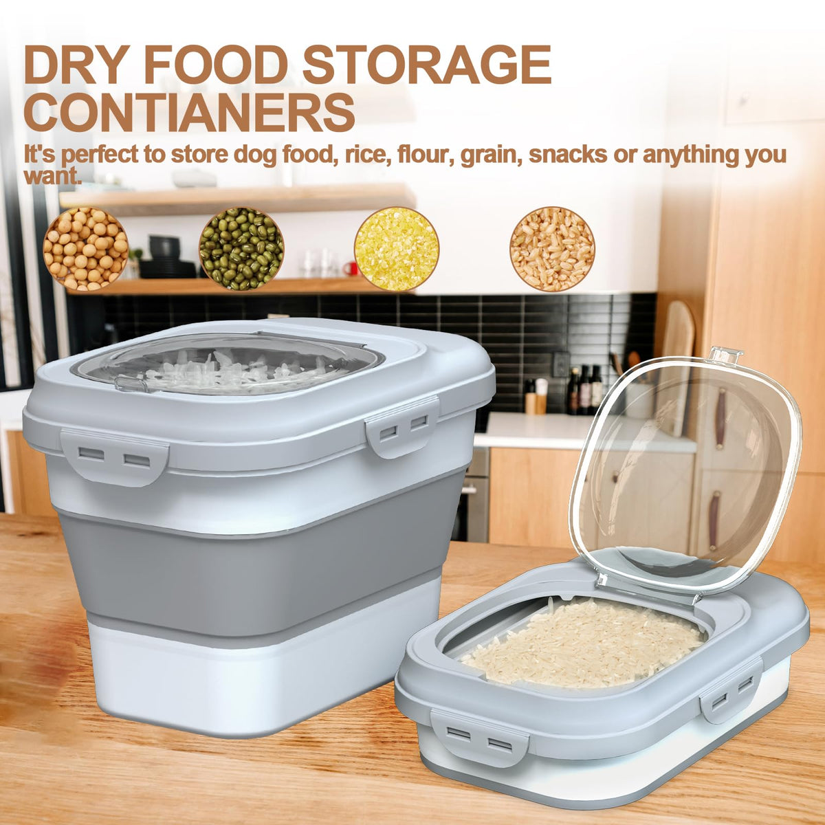 Collapsible Dog Cat Food Storage Container with Scoop Grey N414861