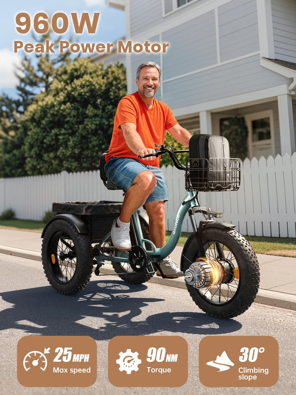 Electric Tricycle 960W Peak 36V 15AH Battery 20"*4" Fat Tire 3 Wheel Folding H5494
