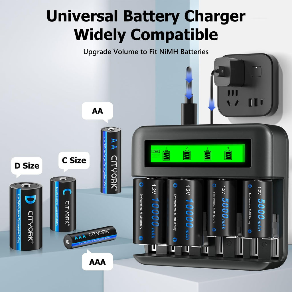 4 Pack 10000mAh Rechargeable D Batteries with 8 Bay LCD Charger J35047