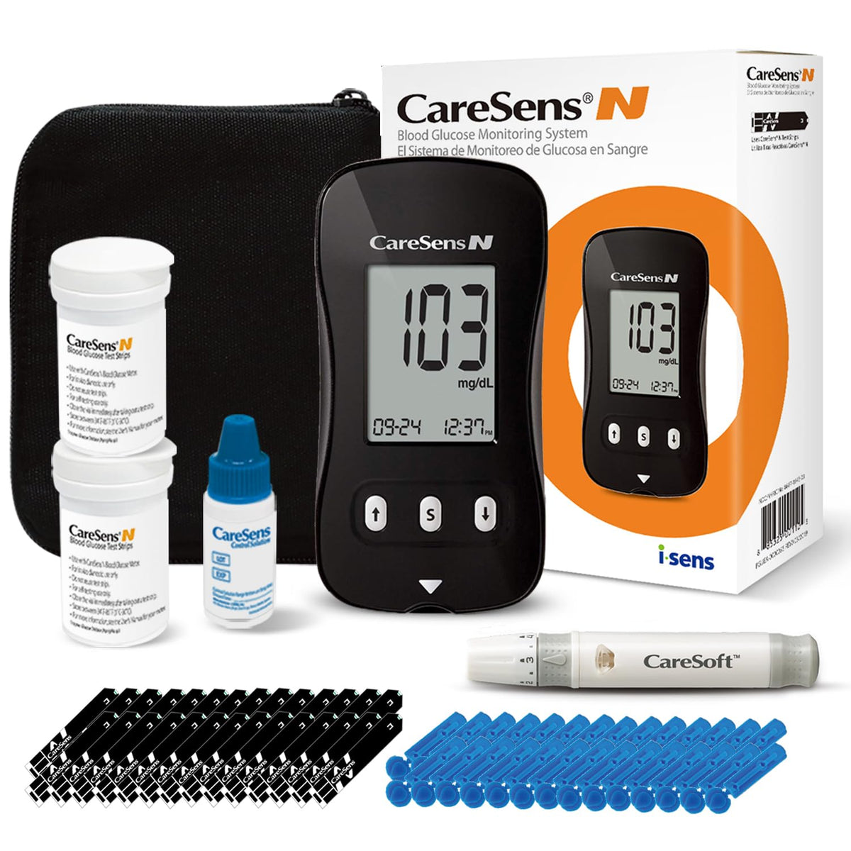 Blood Glucose Monitor Kit with 100 Test Strips, 100 Lancets, Lancing Device, Control Solution, Travel Case I2291