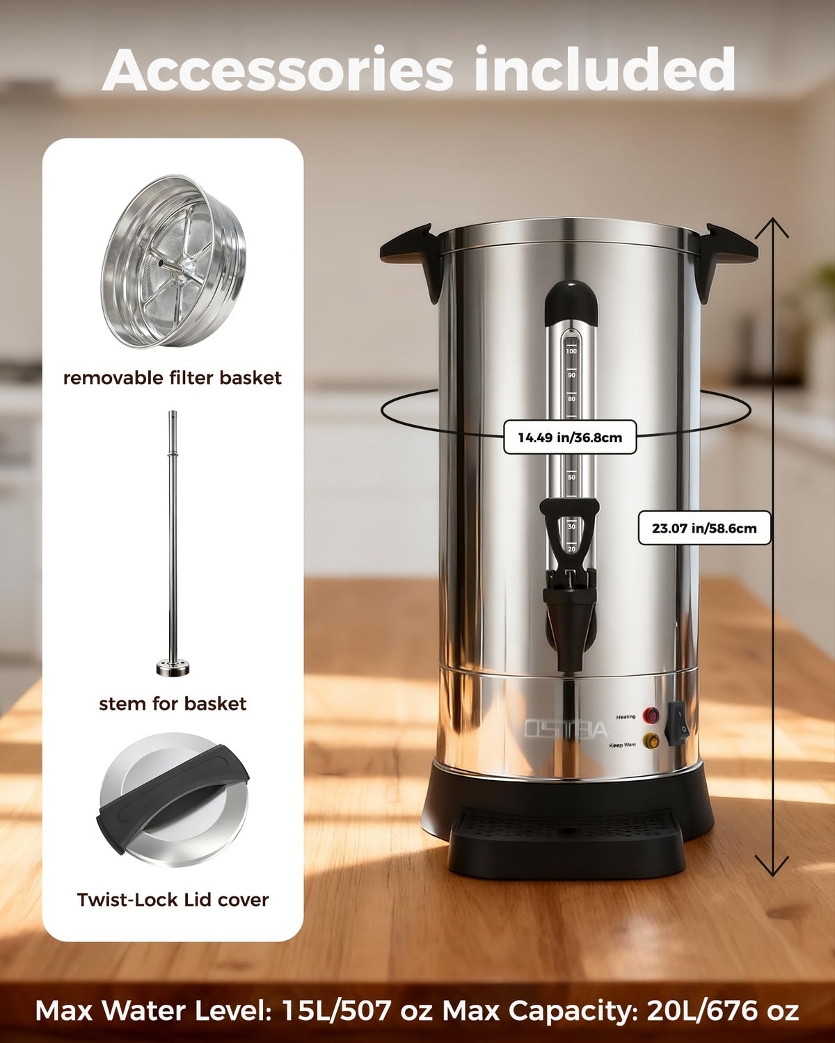 100-Cup Commercial Coffee Urn 15L Stainless Steel Percolator Z230336