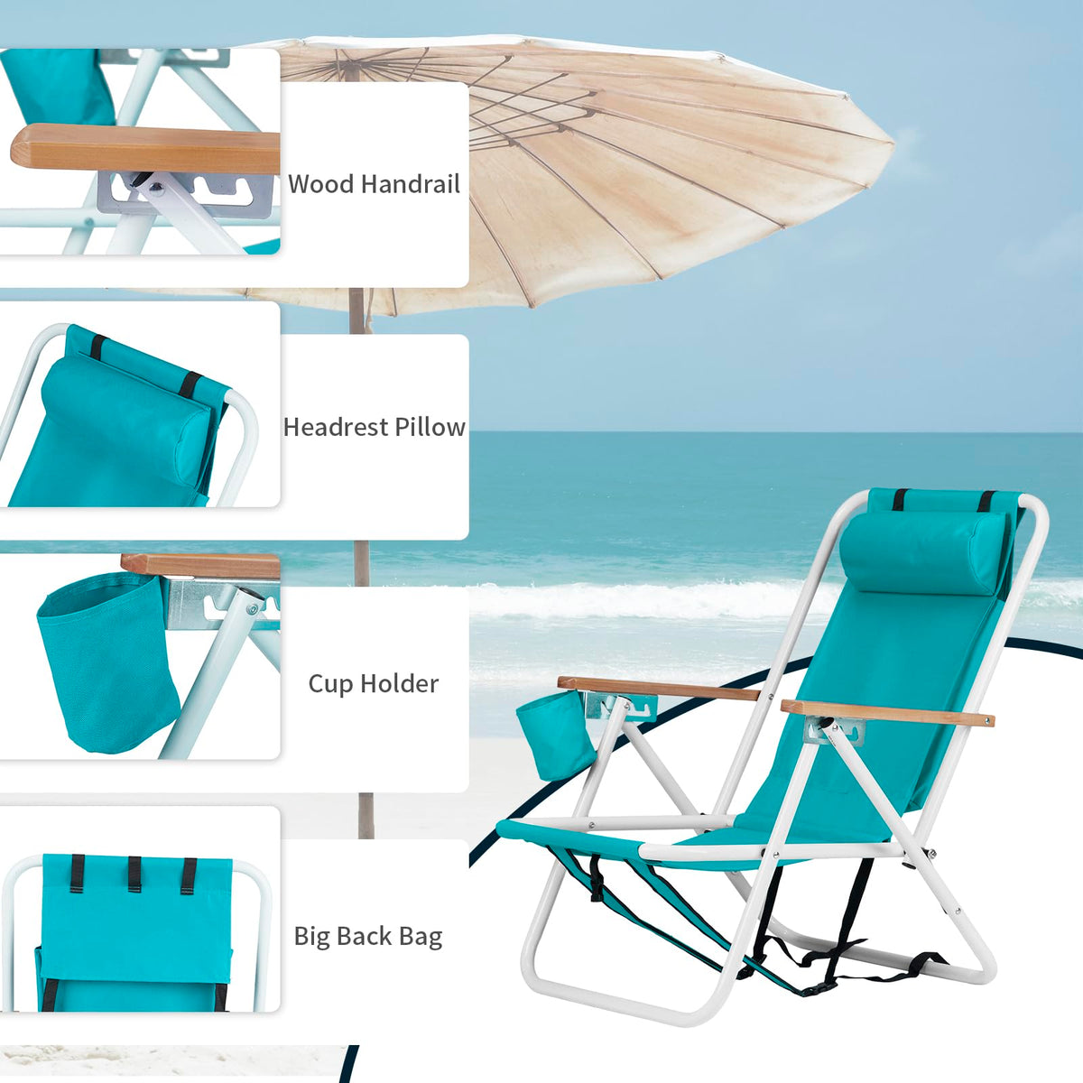 2 Pack Green Portable Folding Beach Chair with Cup Holder H739688
