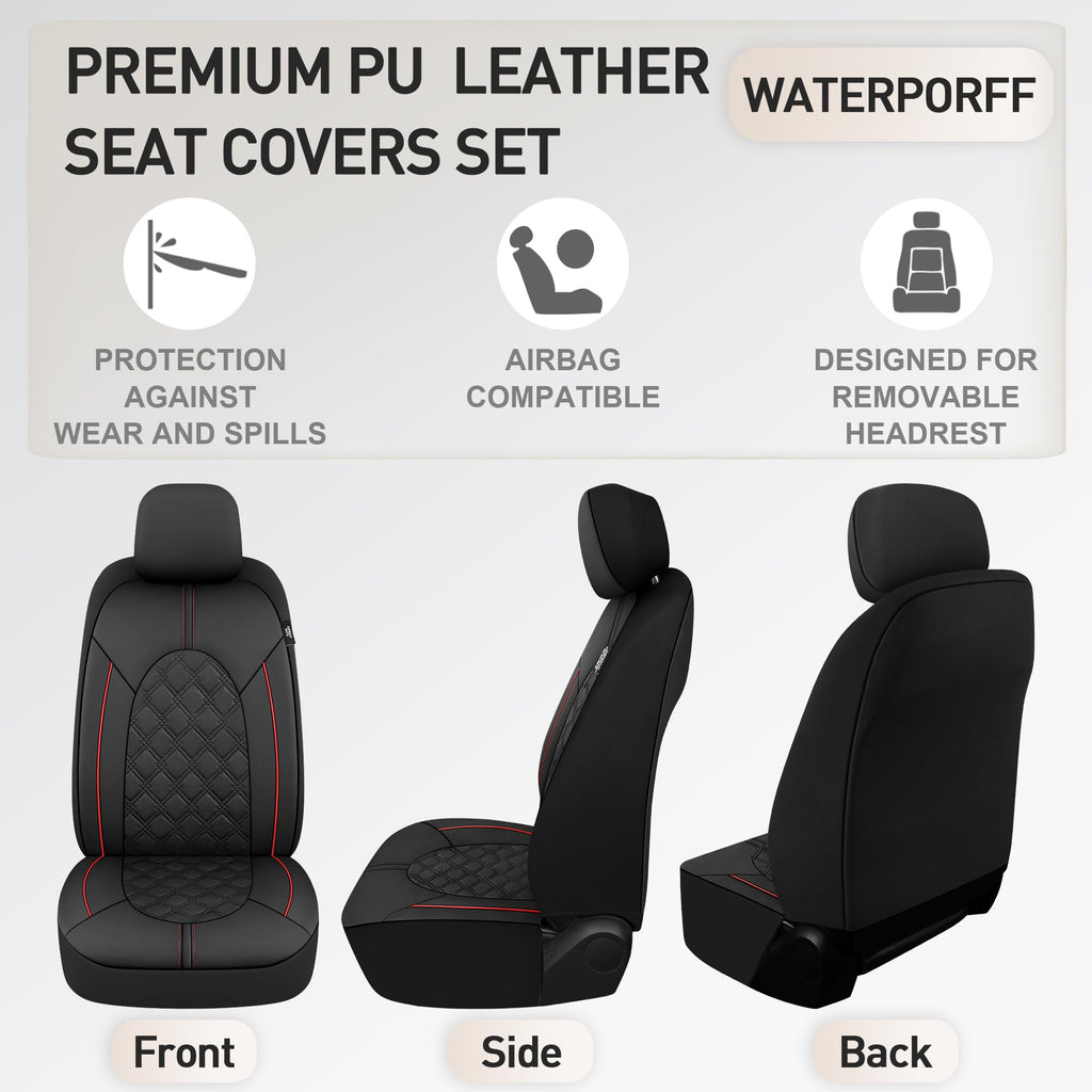 PU Leather Car Seat Covers Full Set Waterproof Split Bench Black Red L97714
