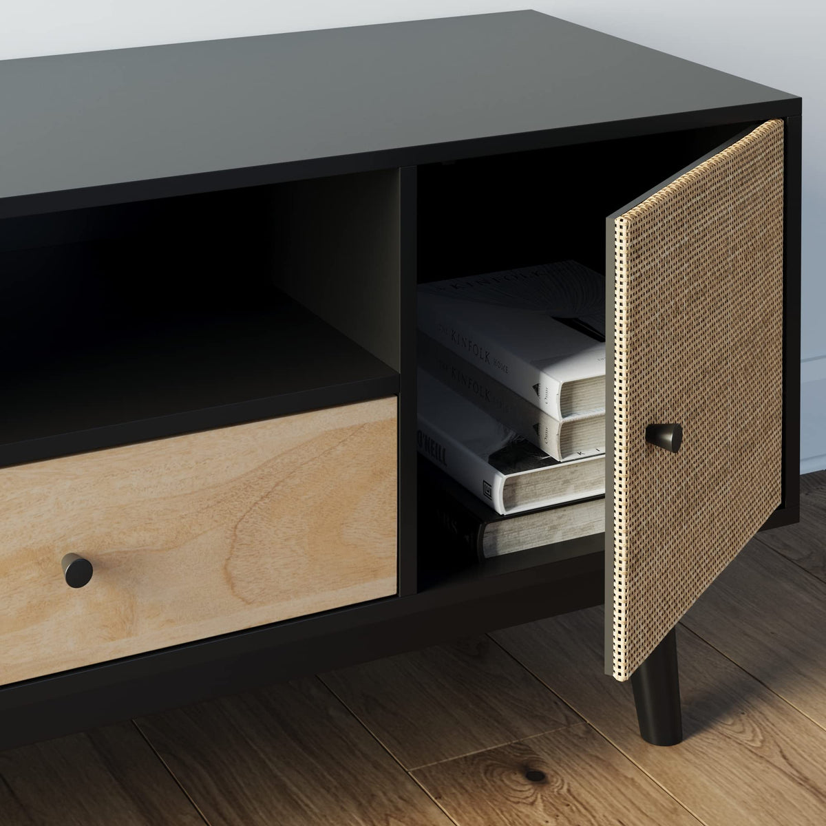 Black Oak Rattan TV Stand with Storage Doors Z621