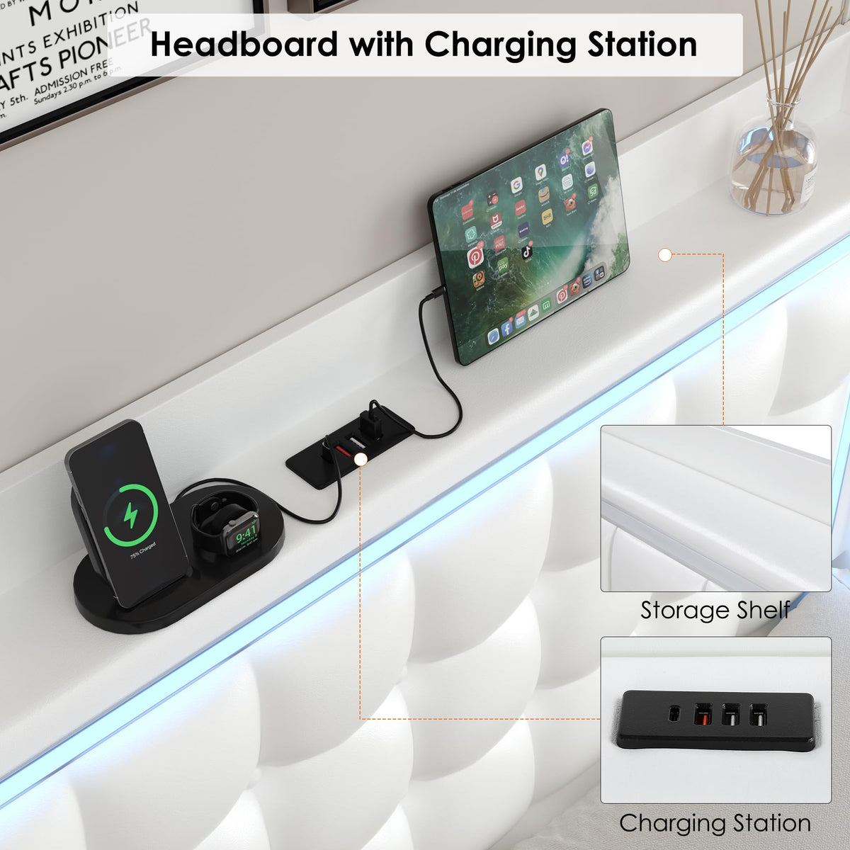 Queen Floating Bed Frame with Storage Headboard, LED Lights & Charging Station F720