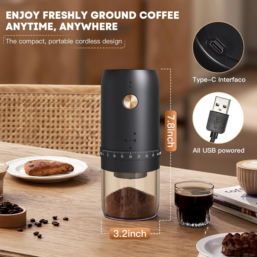 Portable Electric Coffee Grinder, 40 Settings, Conical Burr, USB-C, Black A448