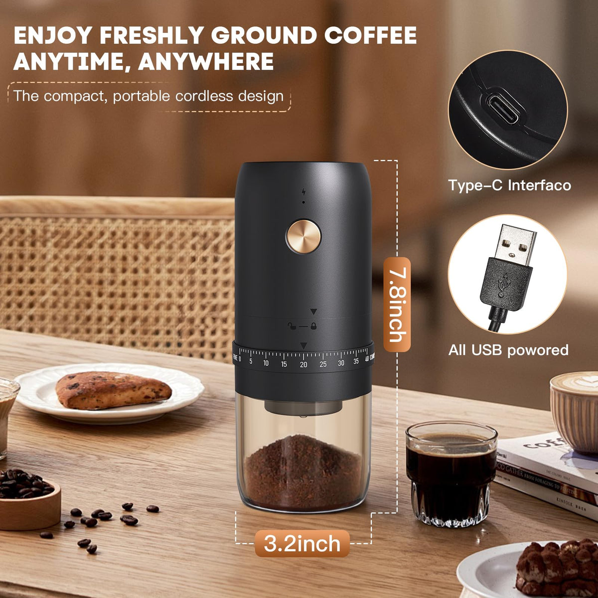 Portable Electric Coffee Grinder, 40 Settings, Conical Burr, USB-C, Black A448