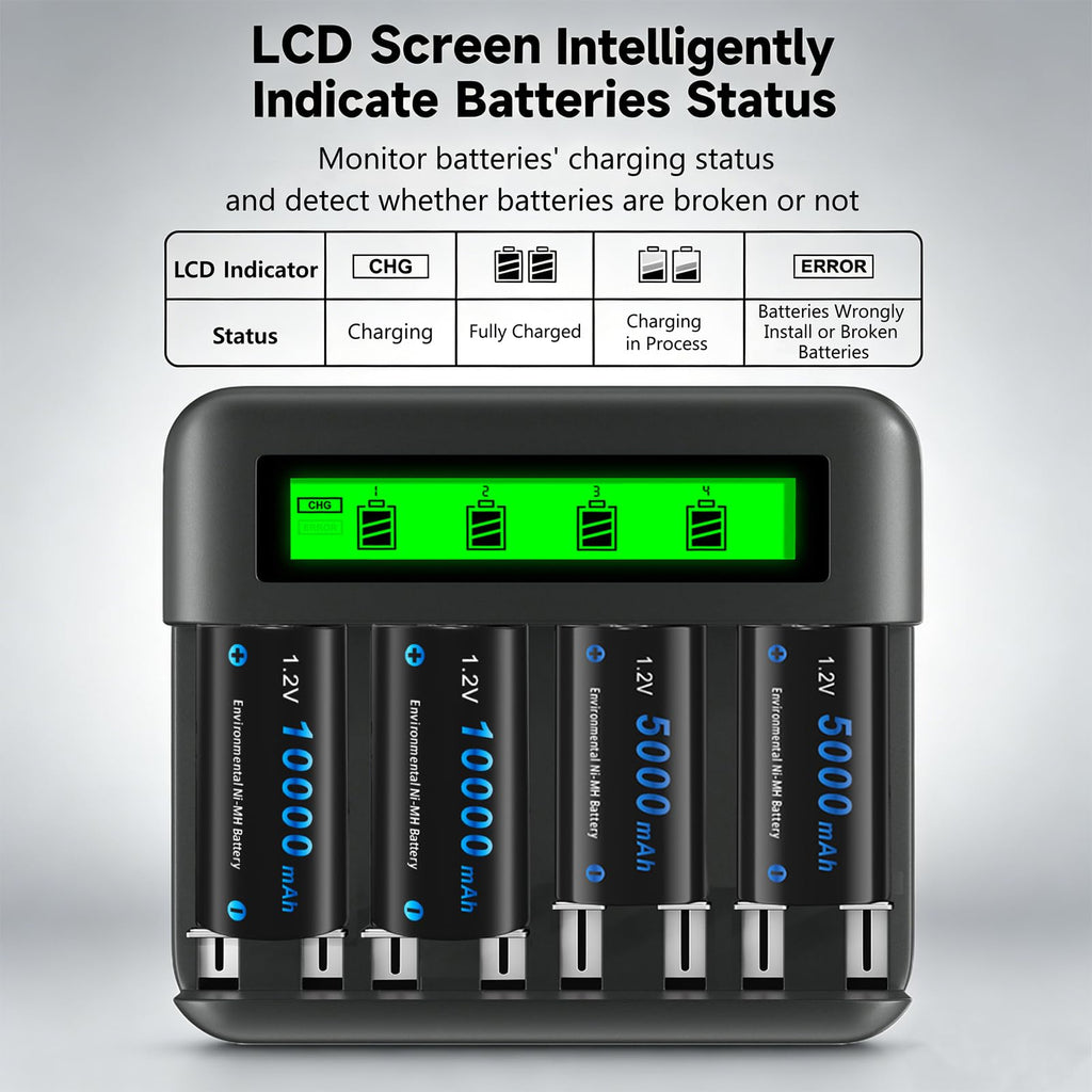 4 Pack 10000mAh Rechargeable D Batteries with 8 Bay LCD Charger J35047