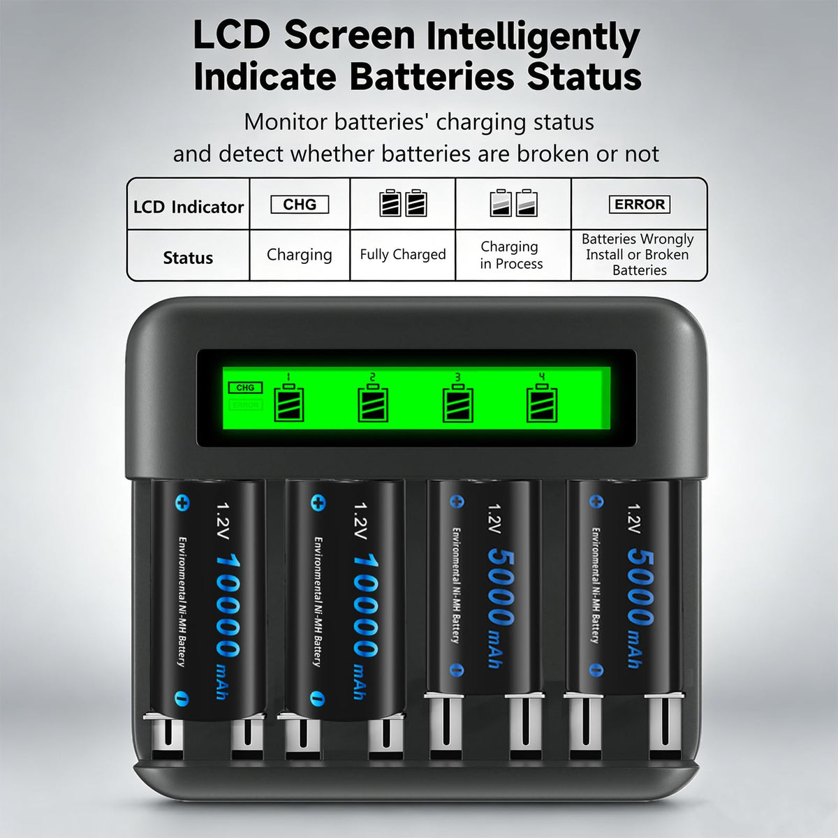 4 Pack 10000mAh Rechargeable D Batteries with 8 Bay LCD Charger J35047
