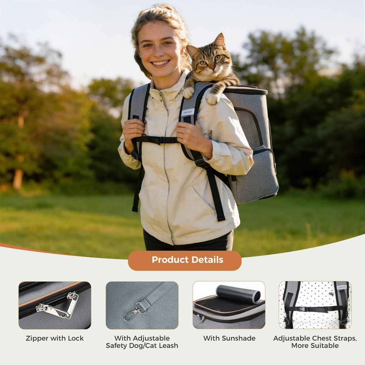 Expandable Foldable Pet Carrier Backpack with Inner Safety Leash, Grey B346
