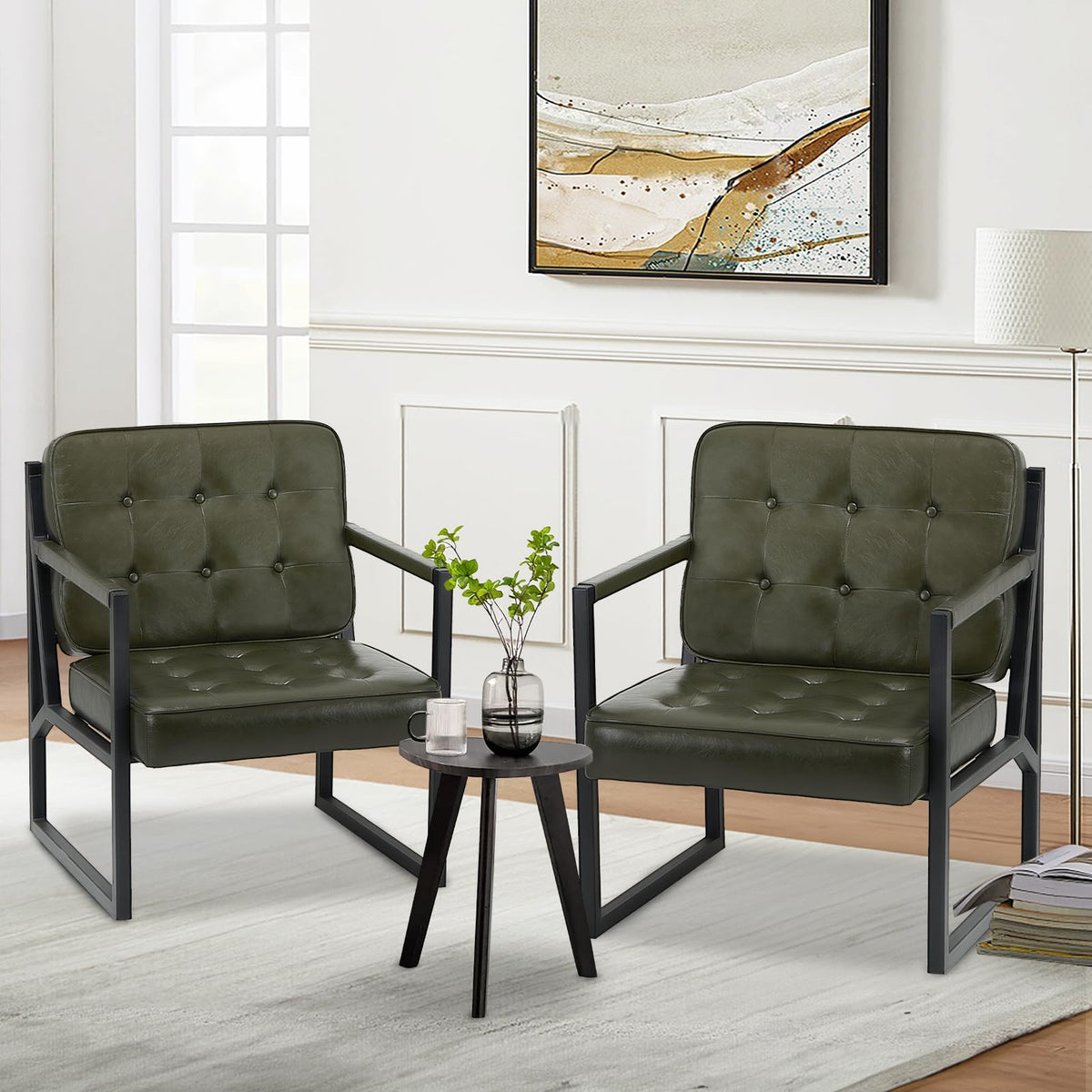 Set of 2 Green Leather Accent Chairs with Metal Legs J60935