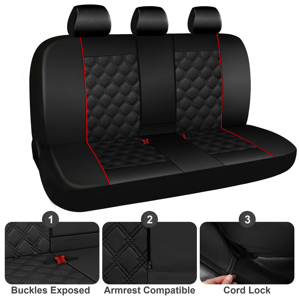 PU Leather Car Seat Covers Full Set Waterproof Split Bench Black Red L97714