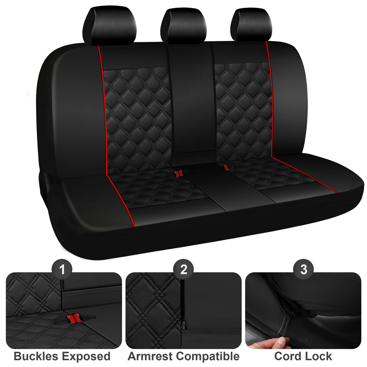 PU Leather Car Seat Covers Full Set Waterproof Split Bench Black Red L97714