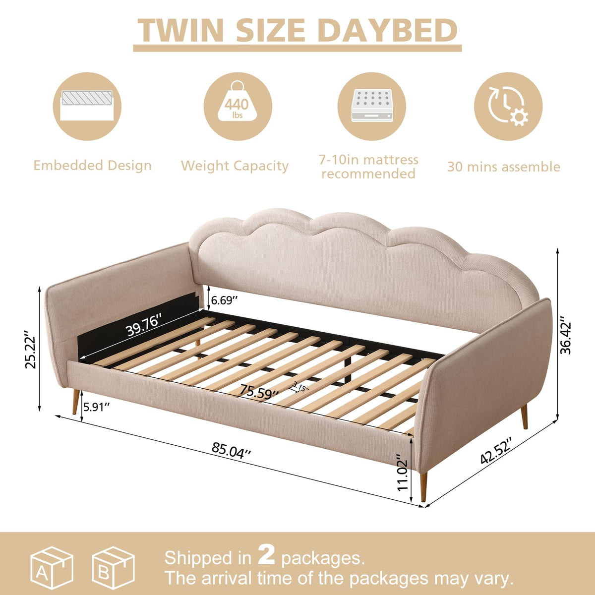 Twin Size Upholstered Linen Daybed with Metal Legs K880