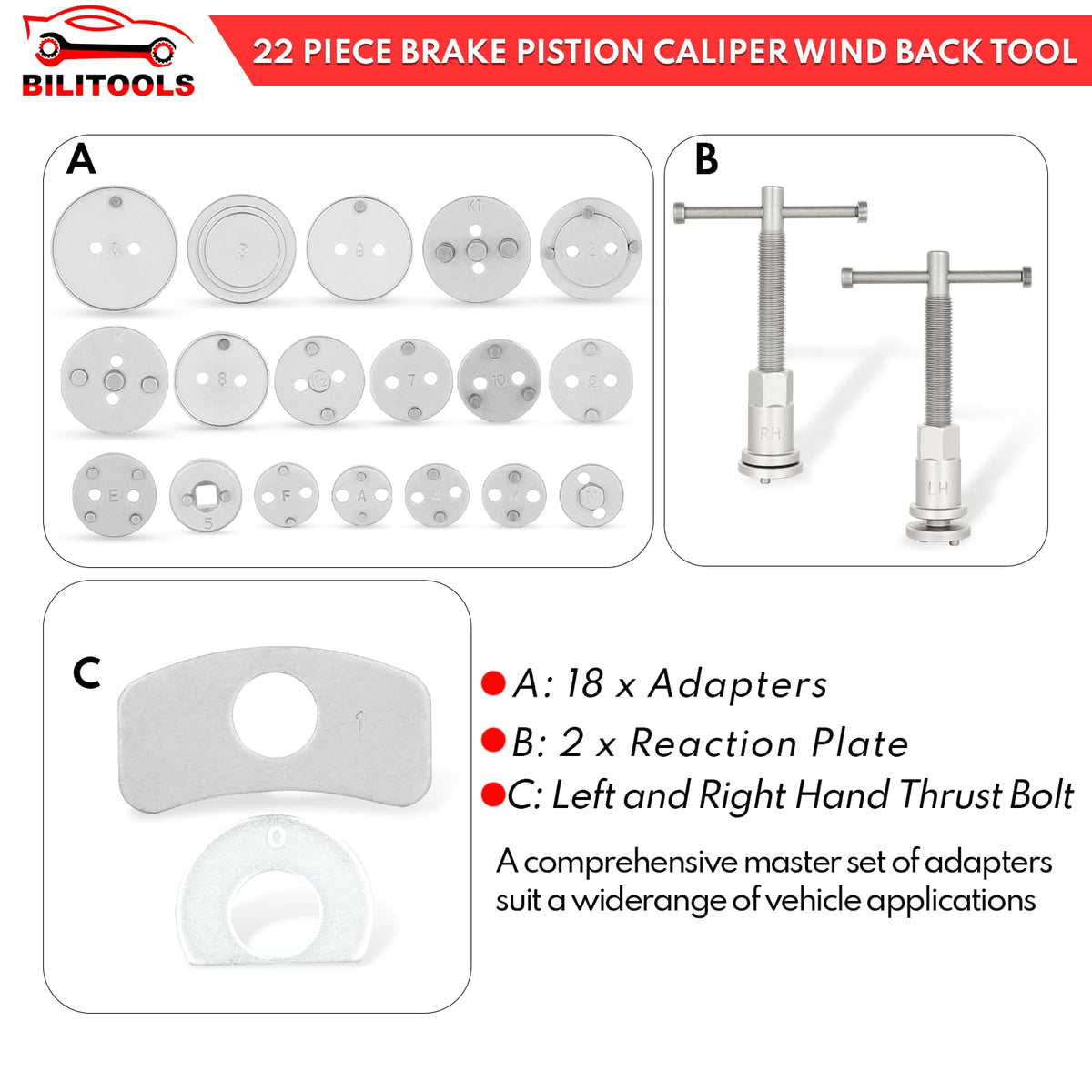 22-Piece Heavy Duty Brake Caliper Compression Tool with 18 Adapters K74758