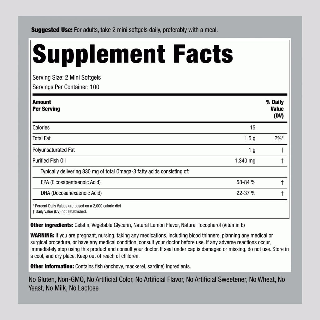 Fish Oil Omega 3 Supplement 1340 mg 200 Mini Softgels T805