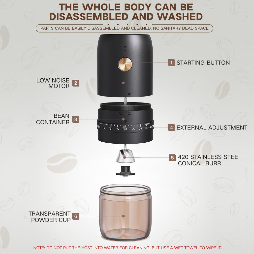 Portable Electric Coffee Grinder, 40 Settings, Conical Burr, USB-C, Black A448
