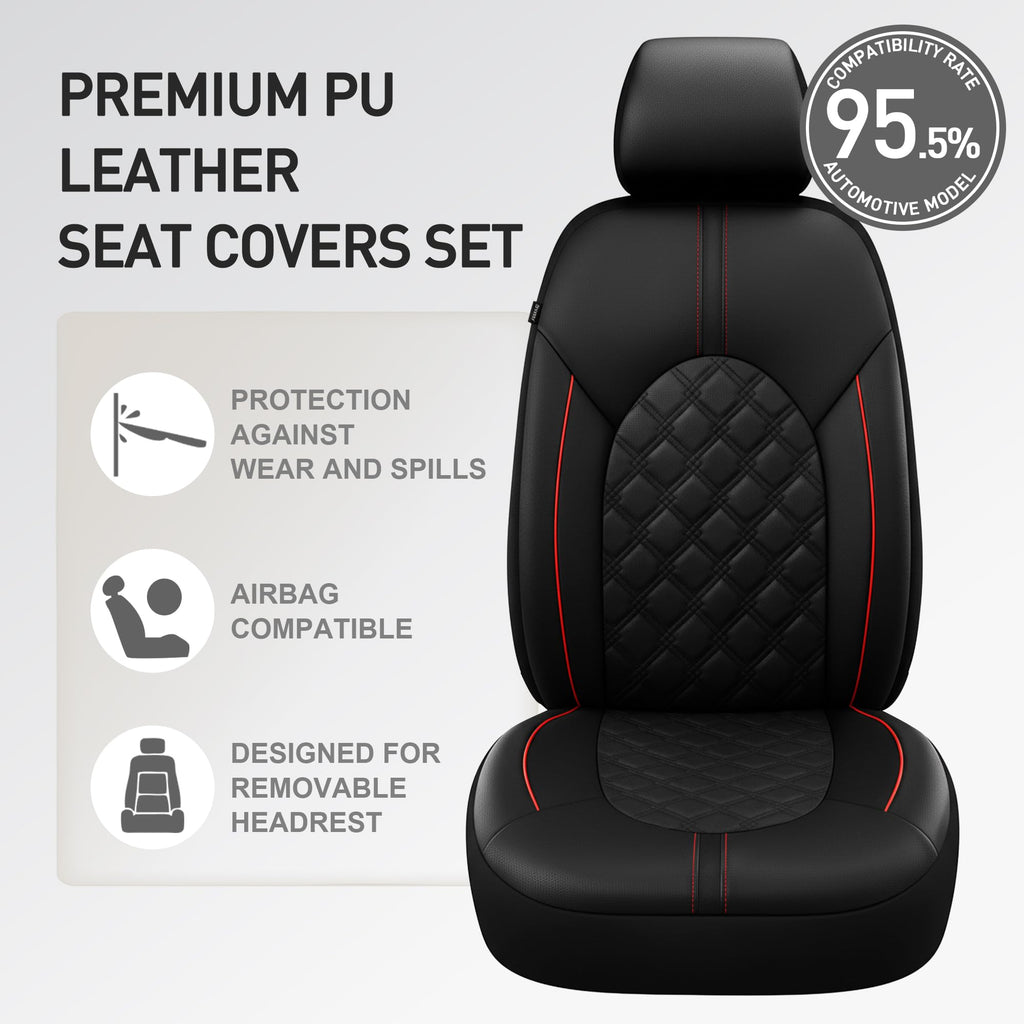 PU Leather Car Seat Covers Full Set Waterproof Split Bench Black Red L97714