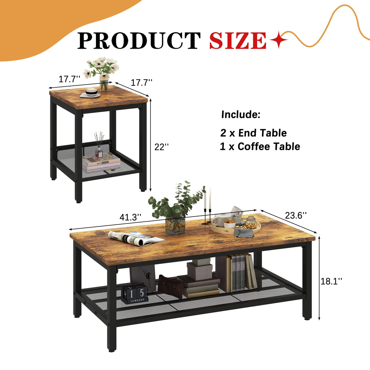 3 Pieces Coffee Table Set with 2 End Side Tables A581050