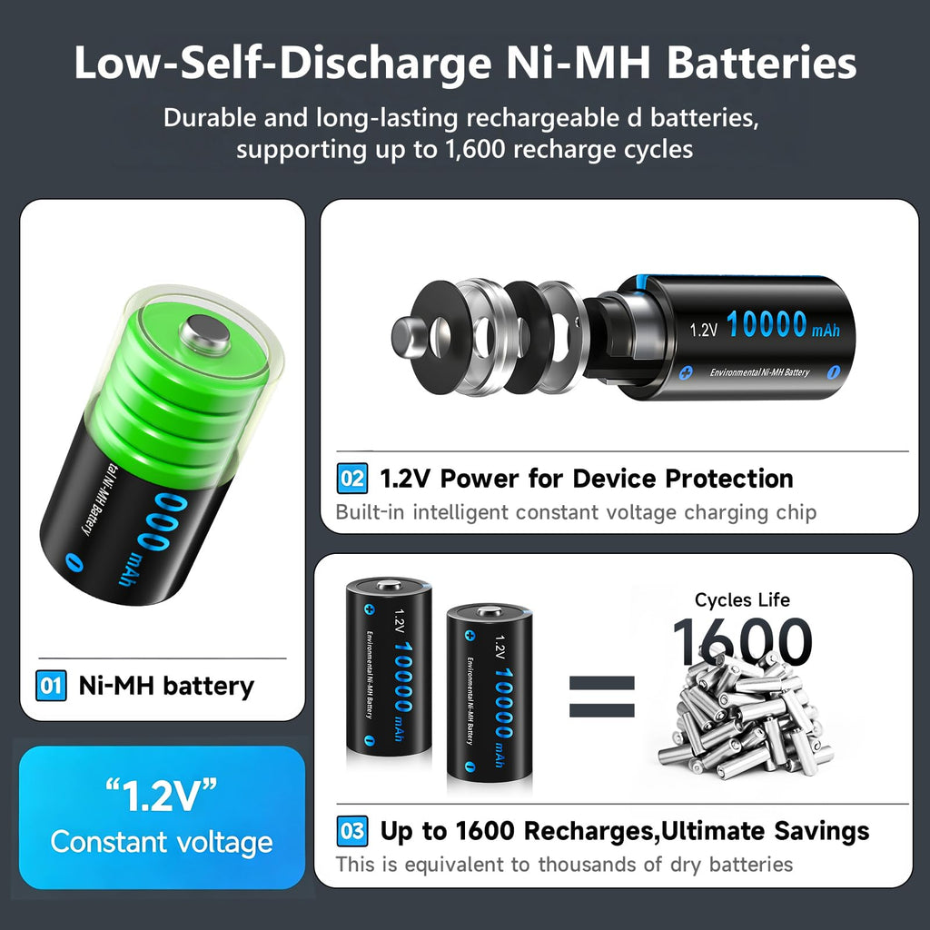 4 Pack 10000mAh Rechargeable D Batteries with 8 Bay LCD Charger J35047