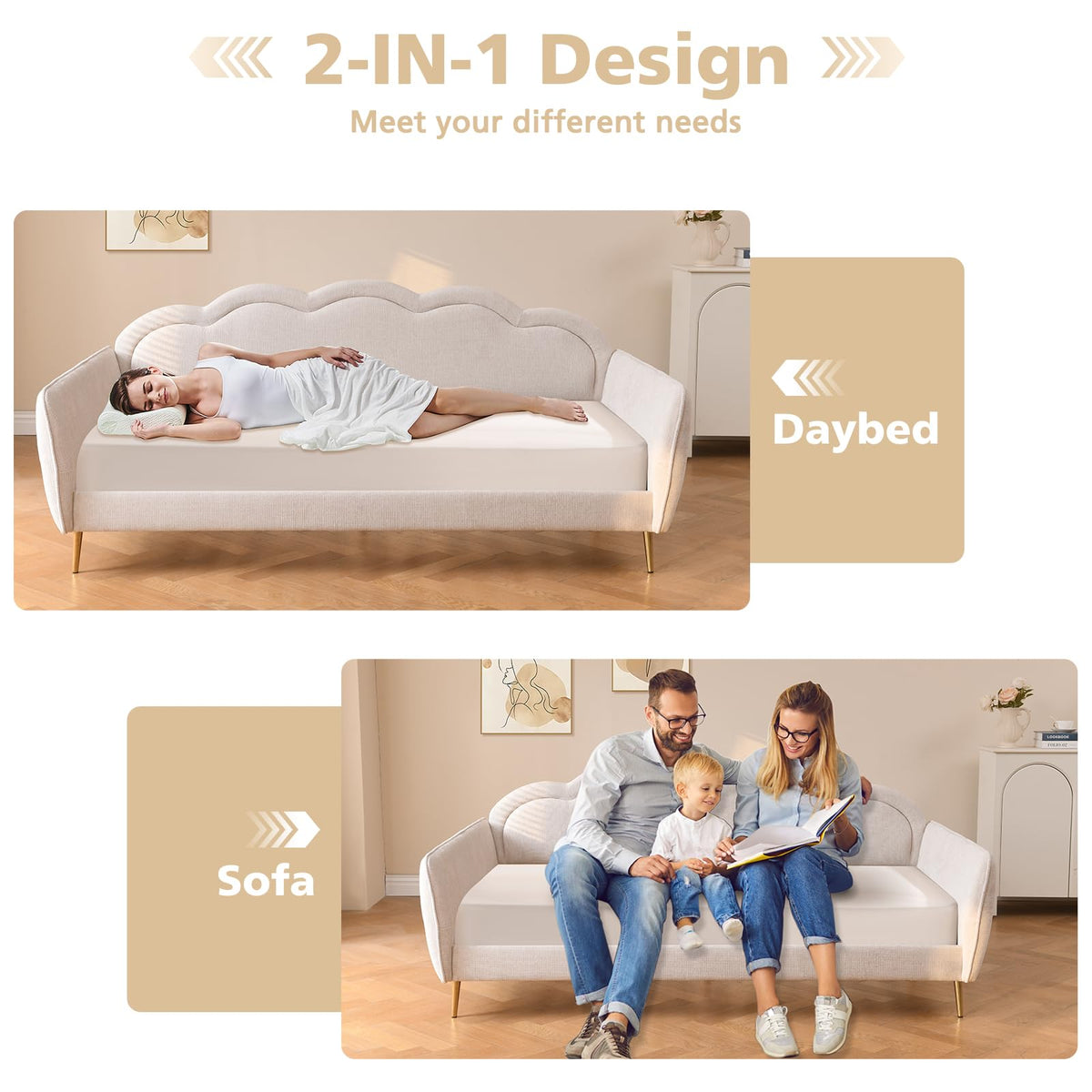 Twin Size Upholstered Linen Daybed with Metal Legs K880
