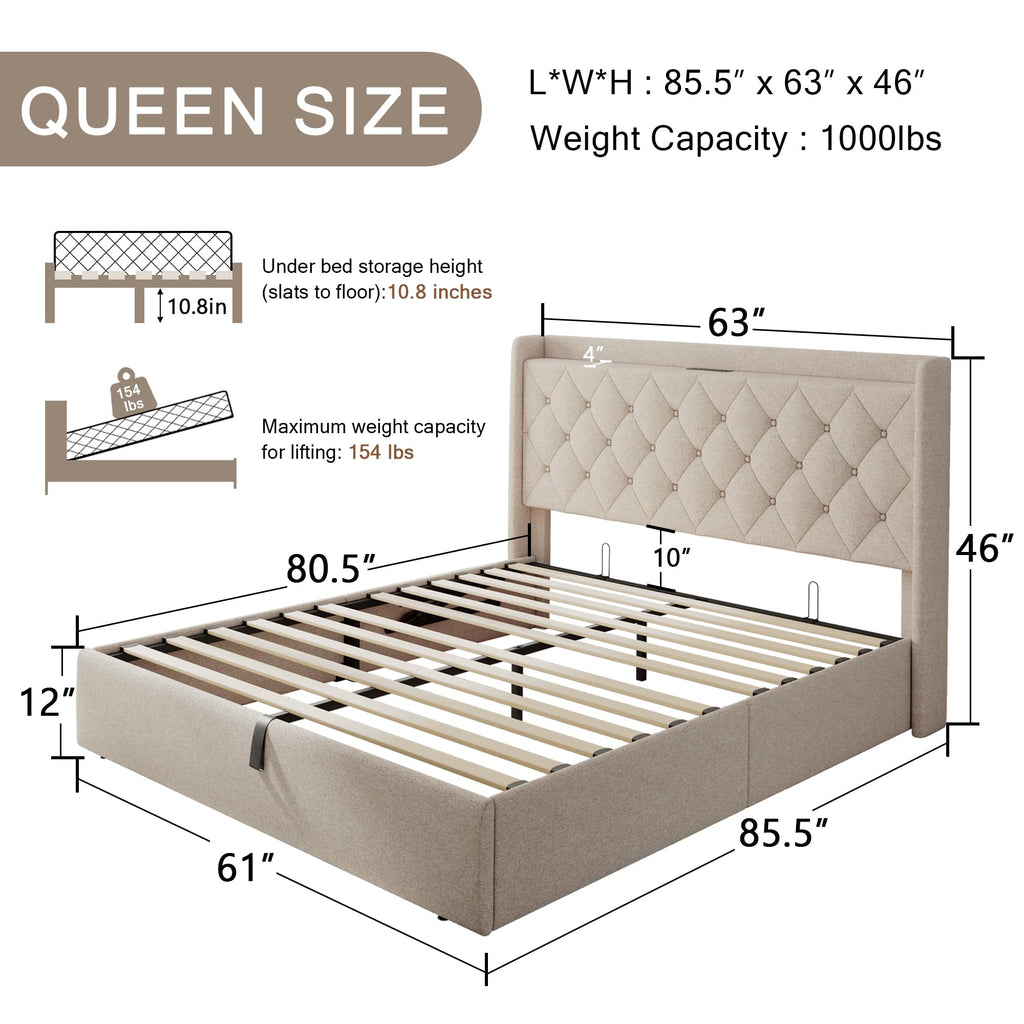 Queen Size Lift Up Storage Upholstered Bed Frame with Charging Station Y40344