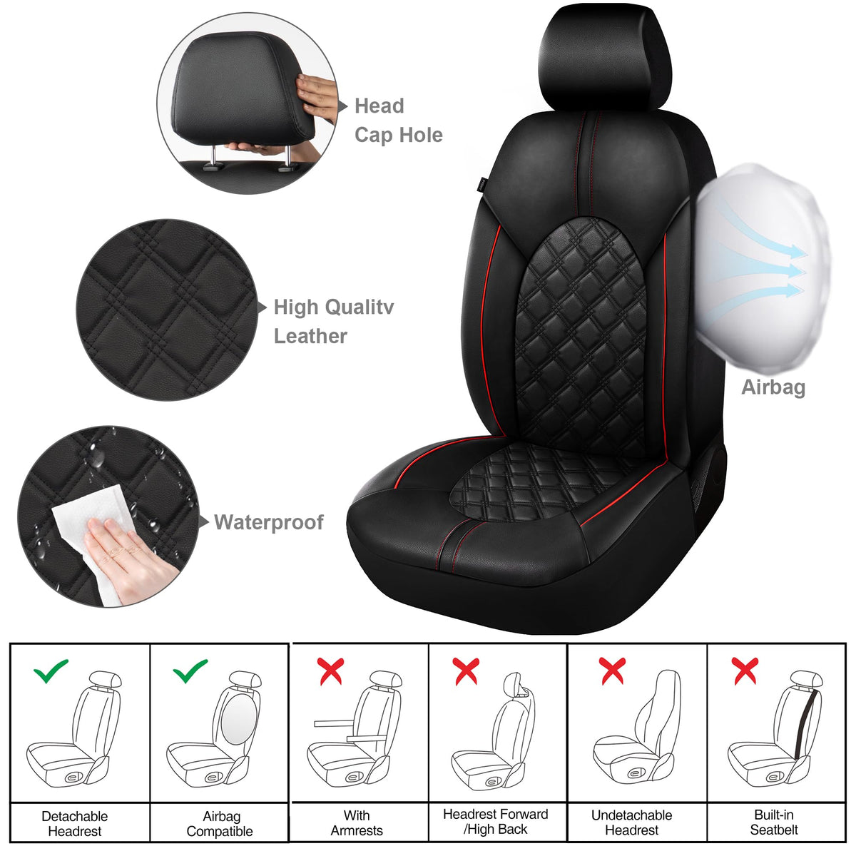 PU Leather Car Seat Covers Full Set Waterproof Split Bench Black Red L97714