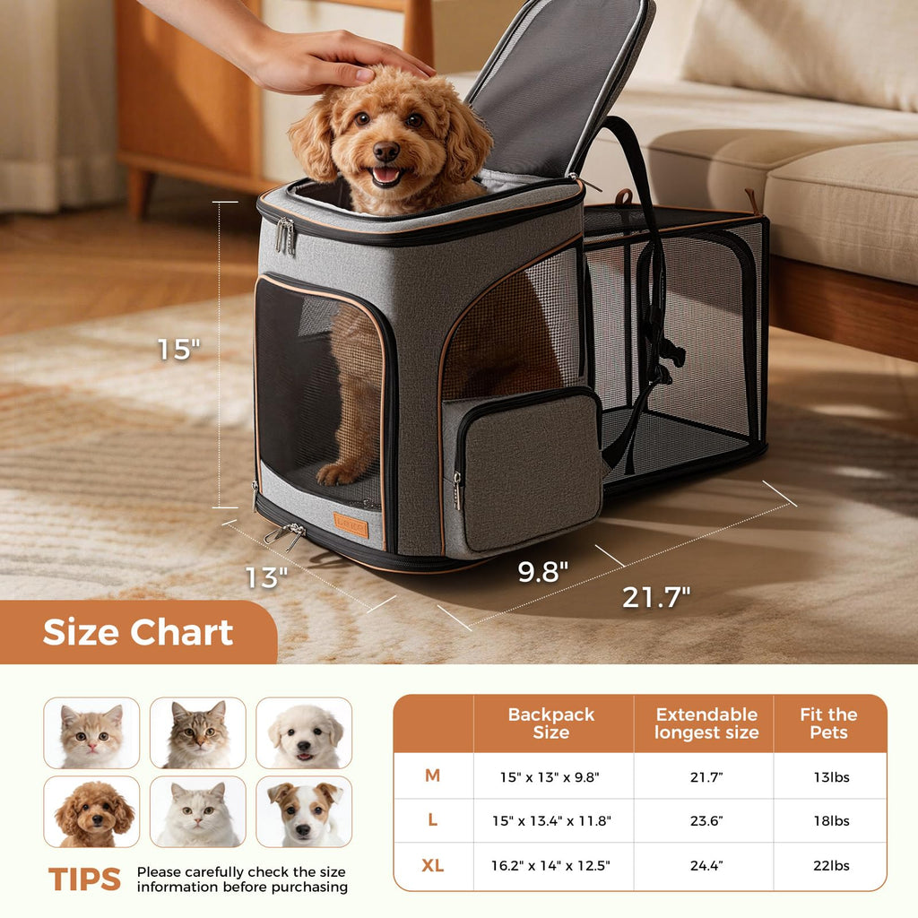 Expandable Foldable Pet Carrier Backpack with Inner Safety Leash, Grey B346