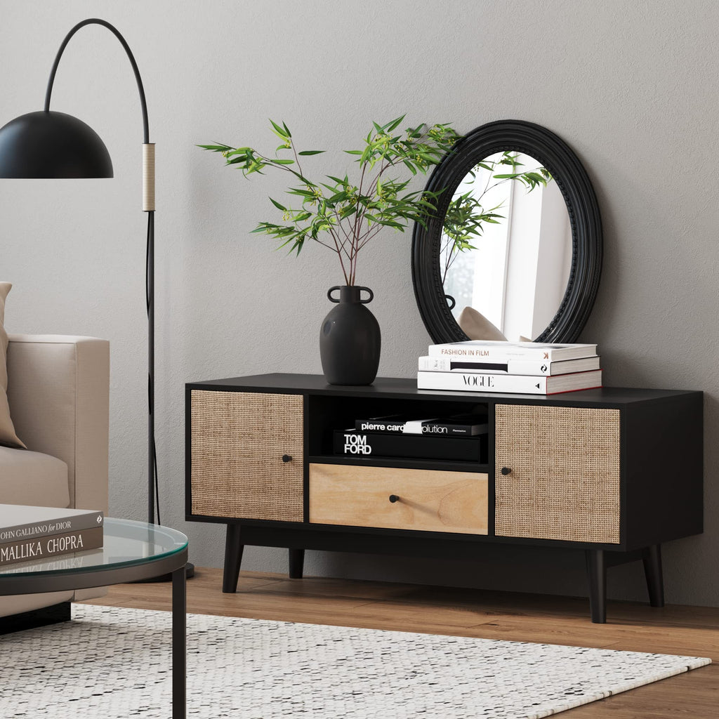 Black Oak Rattan TV Stand with Storage Doors Z621
