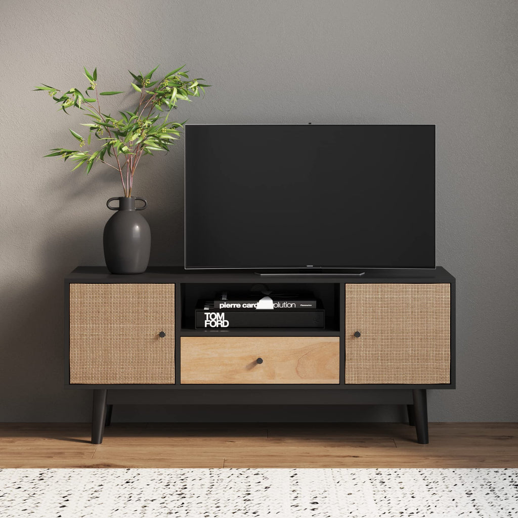 Black Oak Rattan TV Stand with Storage Doors Z621