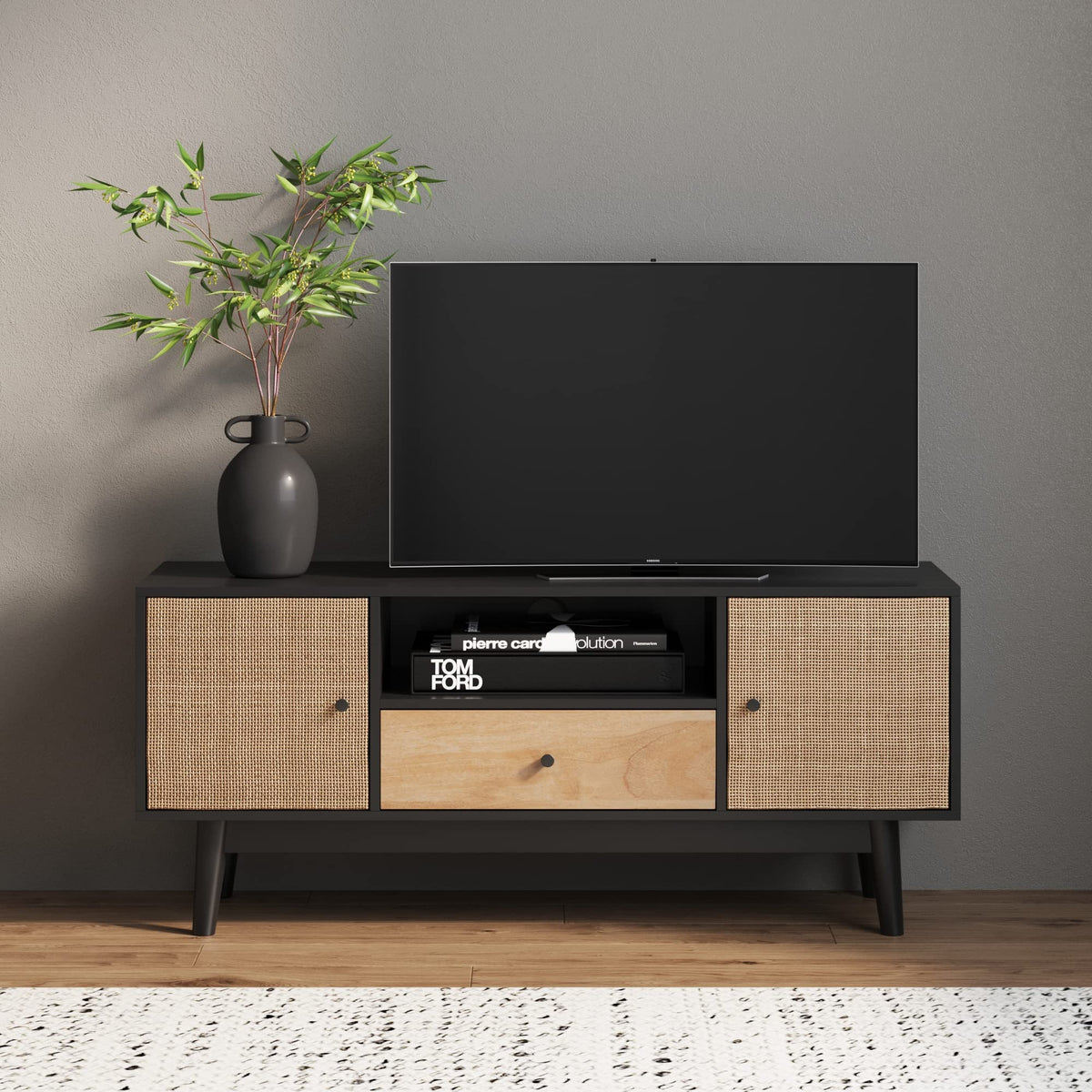 Black Oak Rattan TV Stand with Storage Doors Z621