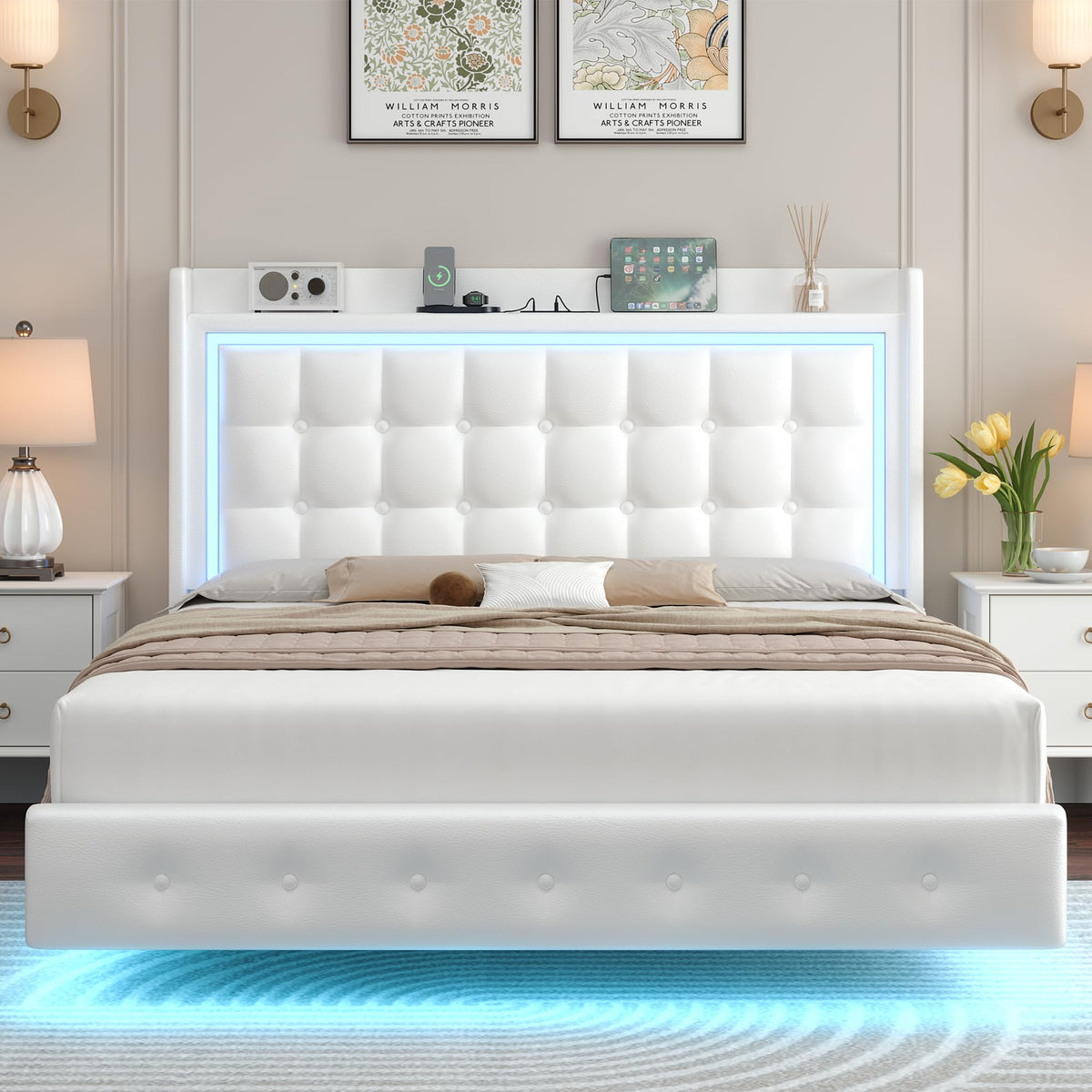 Queen Floating Bed Frame with Storage Headboard, LED Lights & Charging Station F720