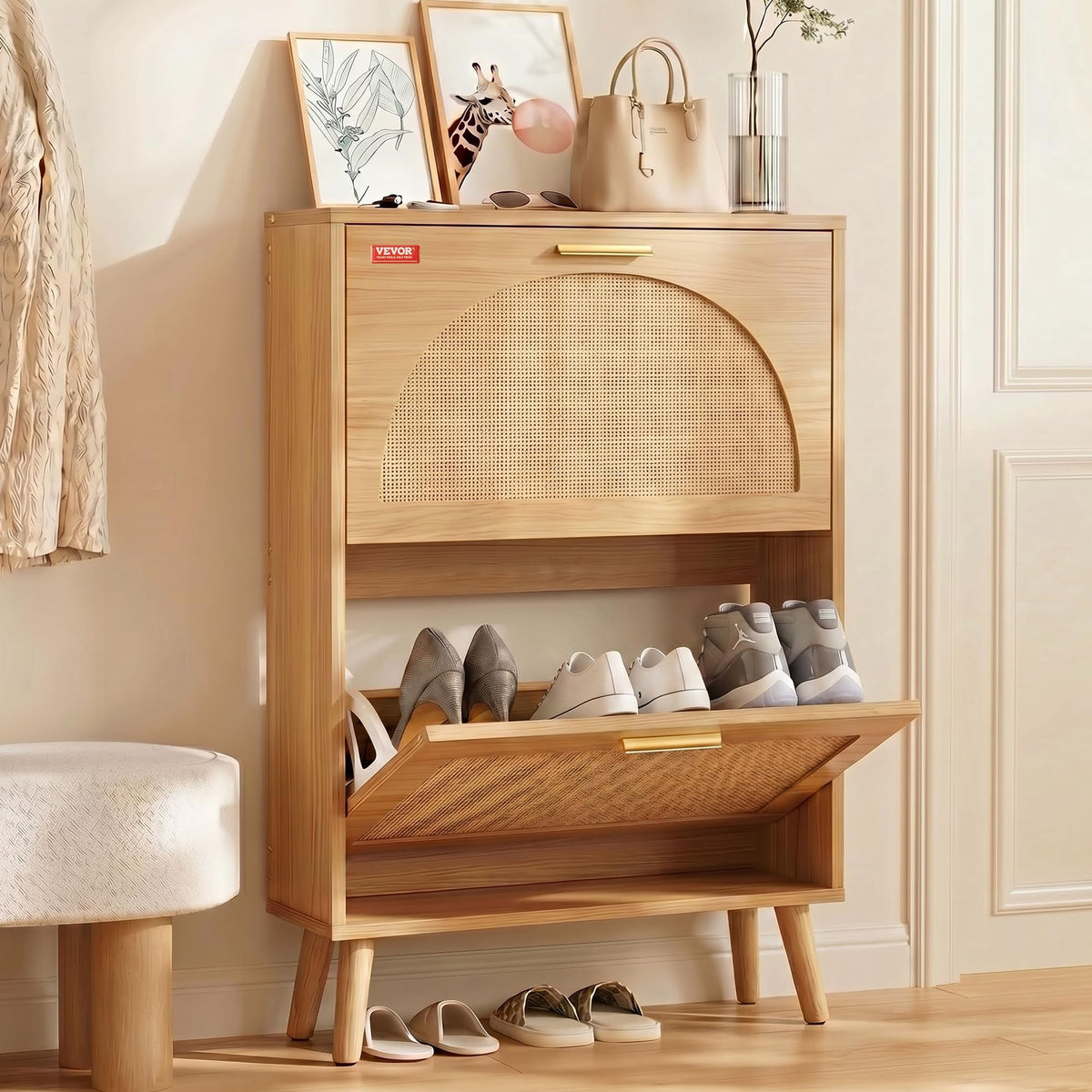 2 Flip Drawers Rattan Shoe Storage Cabinet F152436