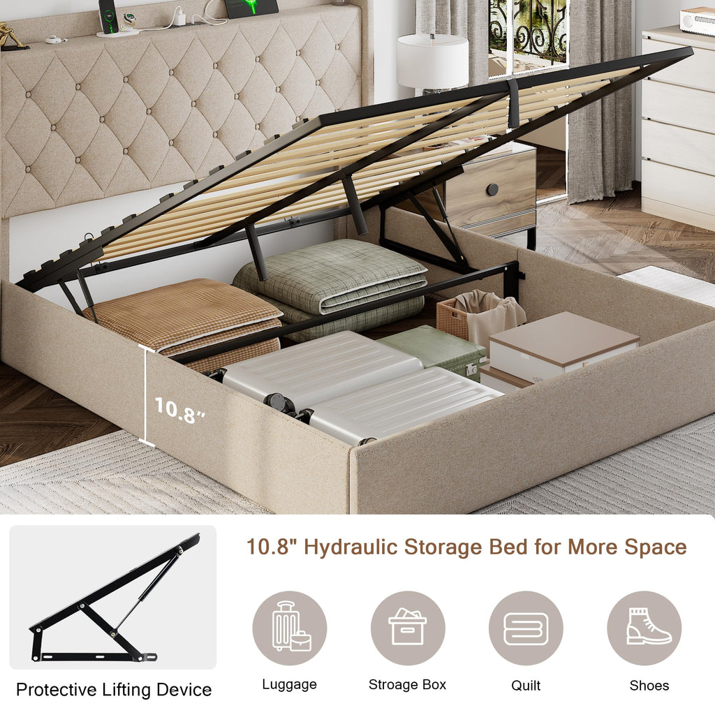 Queen Size Lift Up Storage Upholstered Bed Frame with Charging Station Y40344