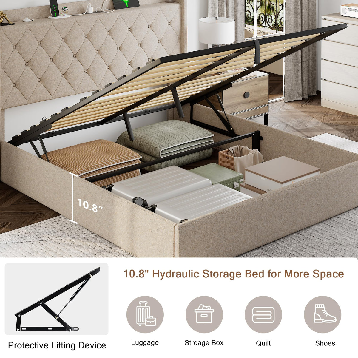 Queen Size Lift Up Storage Upholstered Bed Frame with Charging Station Y40344