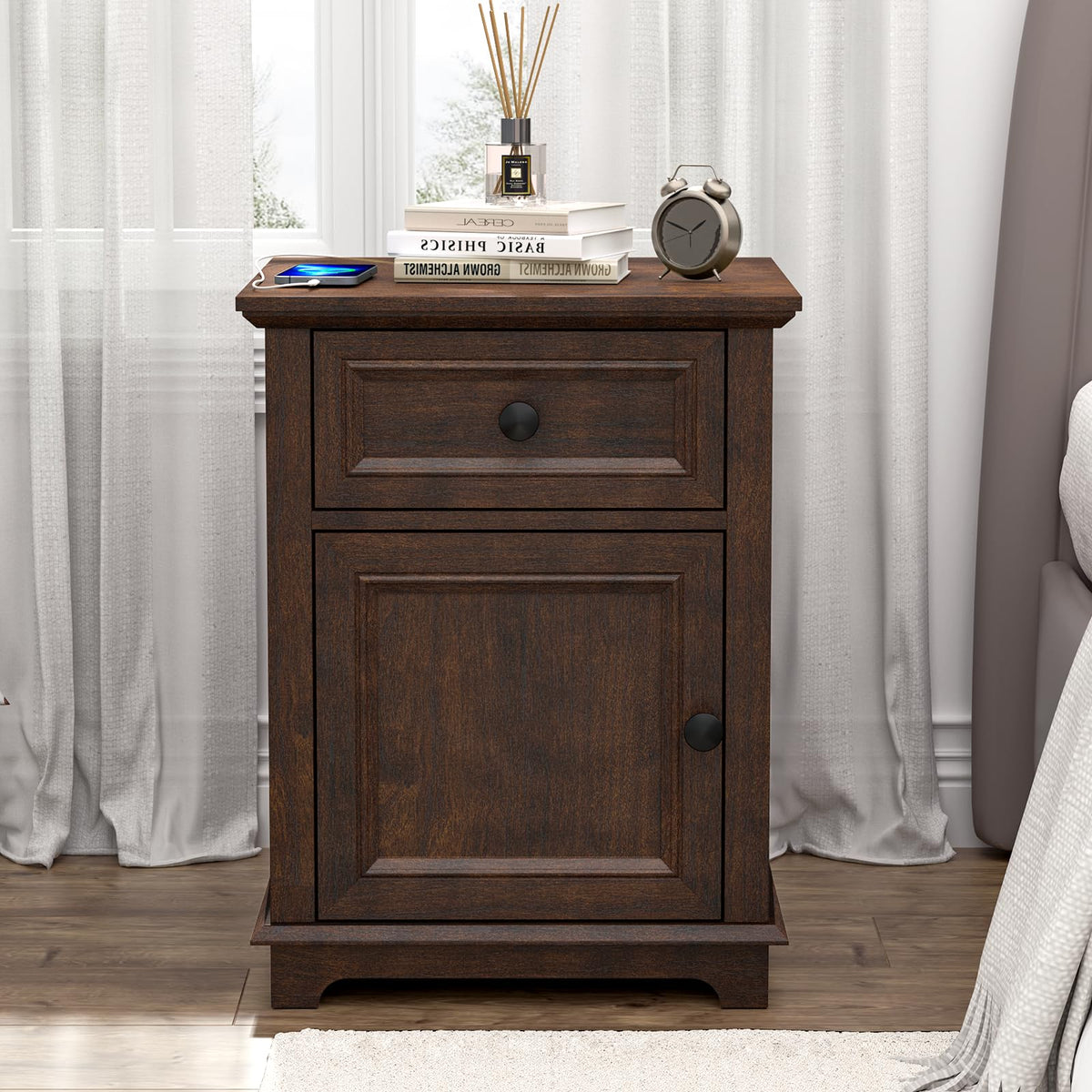 24" Tall End Table with Charging Station, Drawer & Storage Cabinet, Cherry B68803