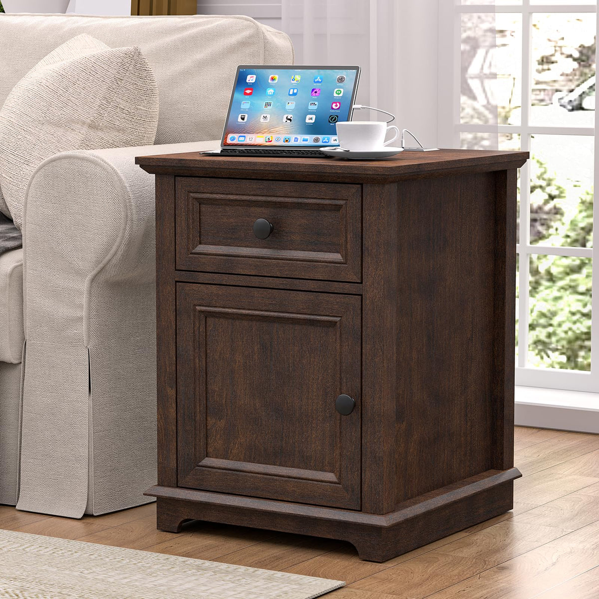 24" Tall End Table with Charging Station, Drawer & Storage Cabinet, Cherry B68803