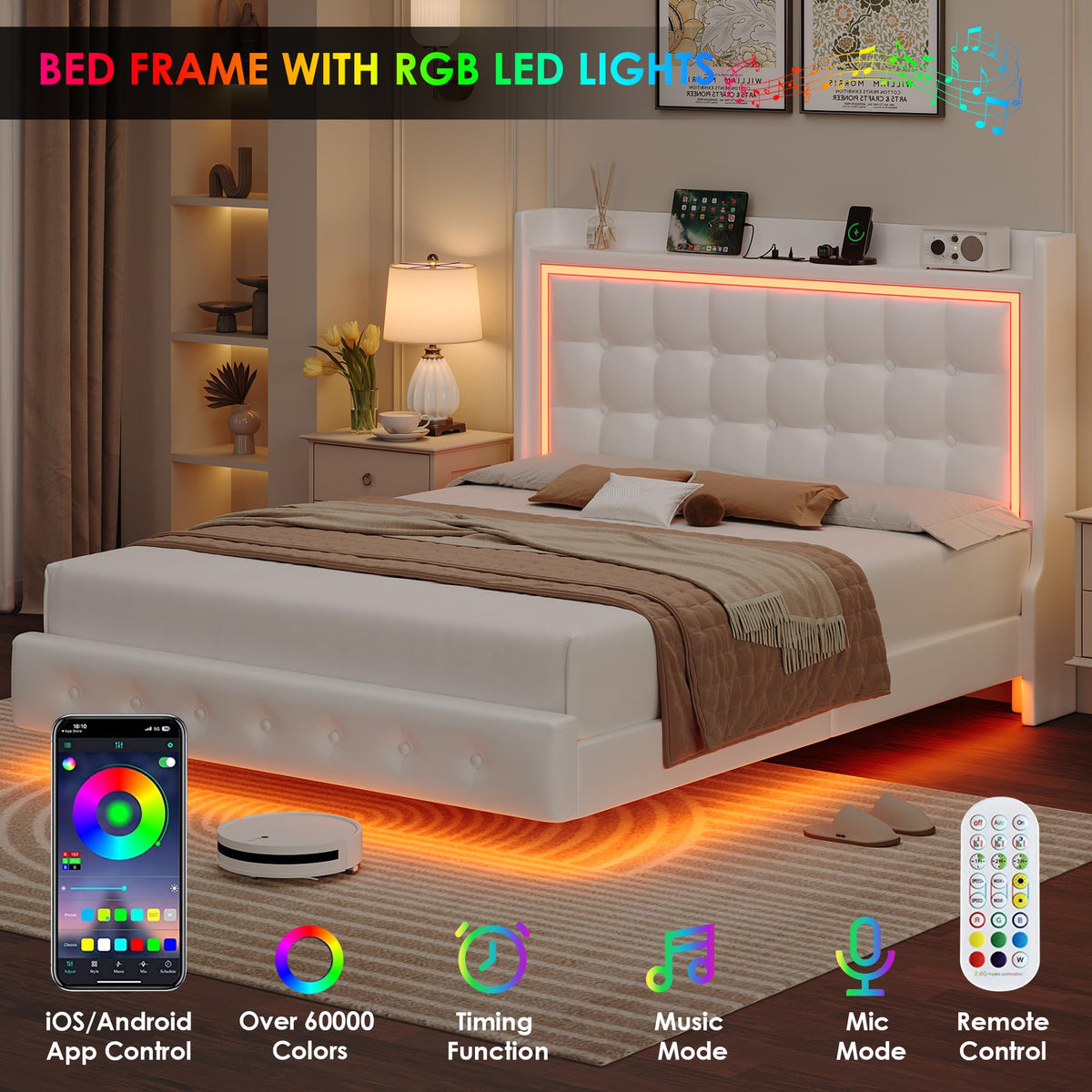 Queen Floating Bed Frame with Storage Headboard, LED Lights & Charging Station F720