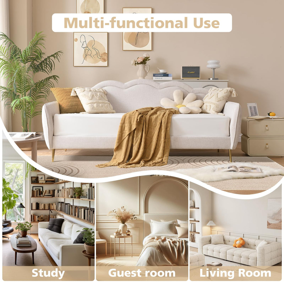 Twin Size Upholstered Linen Daybed with Metal Legs K880