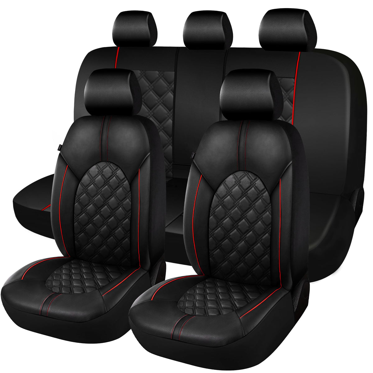 PU Leather Car Seat Covers Full Set Waterproof Split Bench Black Red L97714