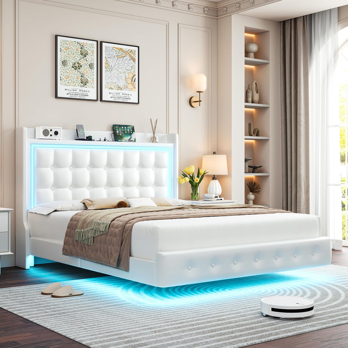 Queen Floating Bed Frame with Storage Headboard, LED Lights & Charging Station F720