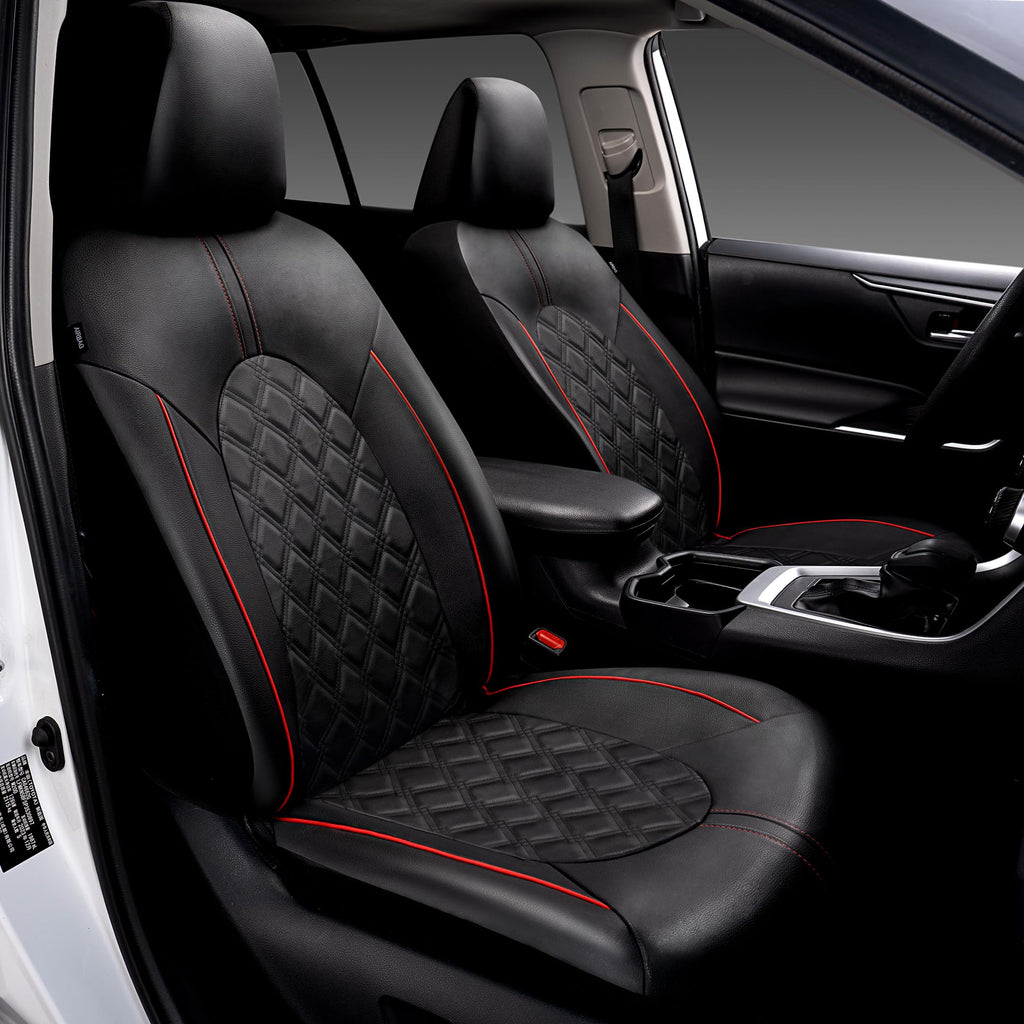PU Leather Car Seat Covers Full Set Waterproof Split Bench Black Red L97714