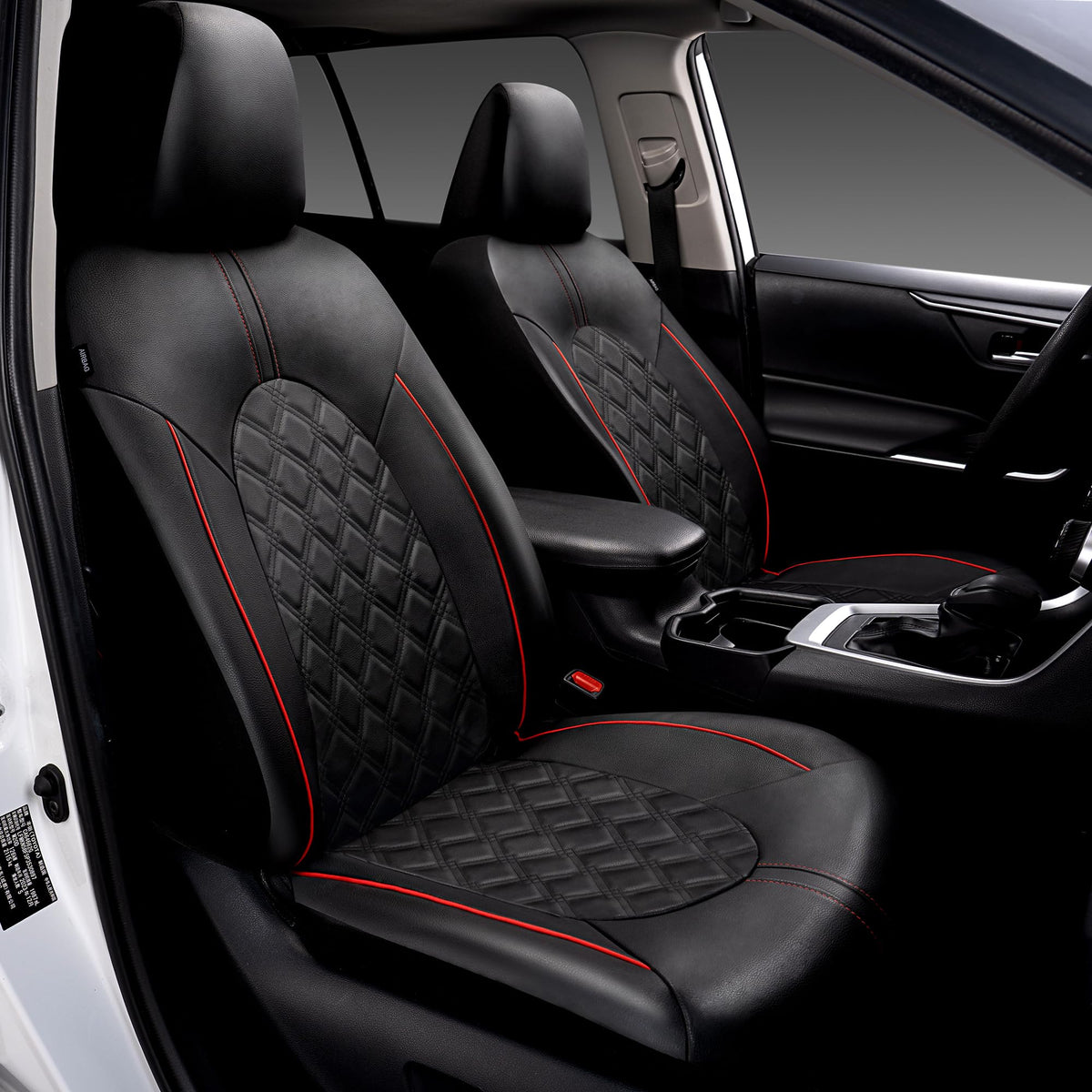 PU Leather Car Seat Covers Full Set Waterproof Split Bench Black Red L97714