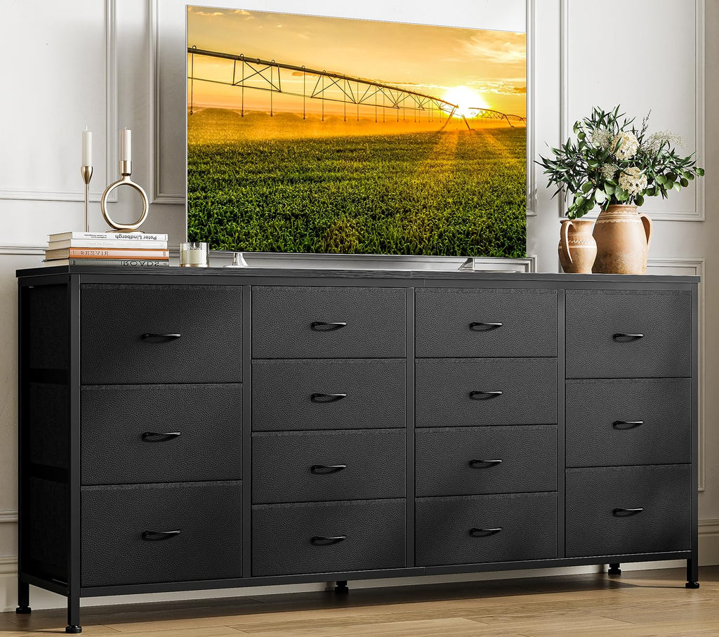 63 Inch TV Stand with 14 Fabric Drawers, Black V2875