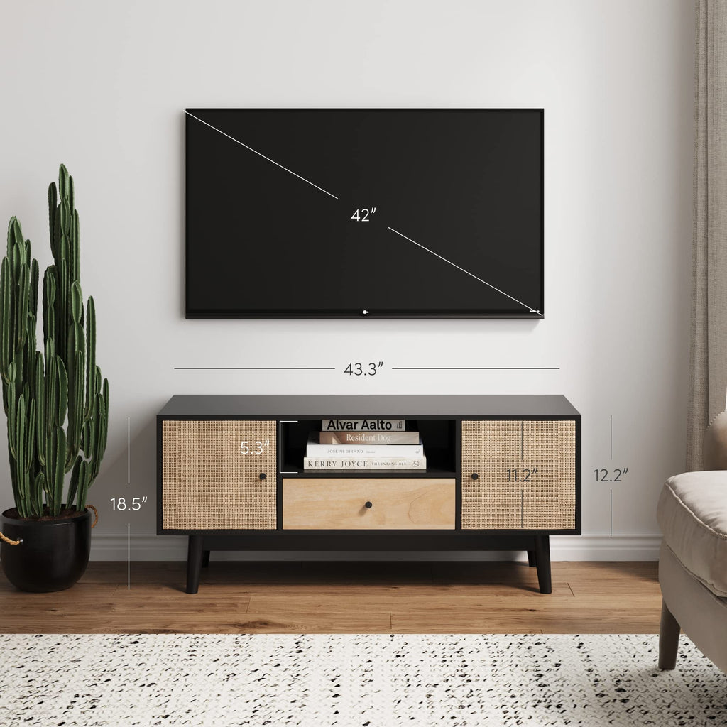 Black Oak Rattan TV Stand with Storage Doors Z621
